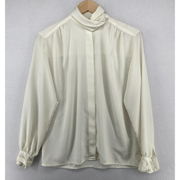 JONES NEW YORK Blouse 4 Crepe Shirred Hidden Button Mock Long Sleeve Ivory VTG - Picture 1 of 14